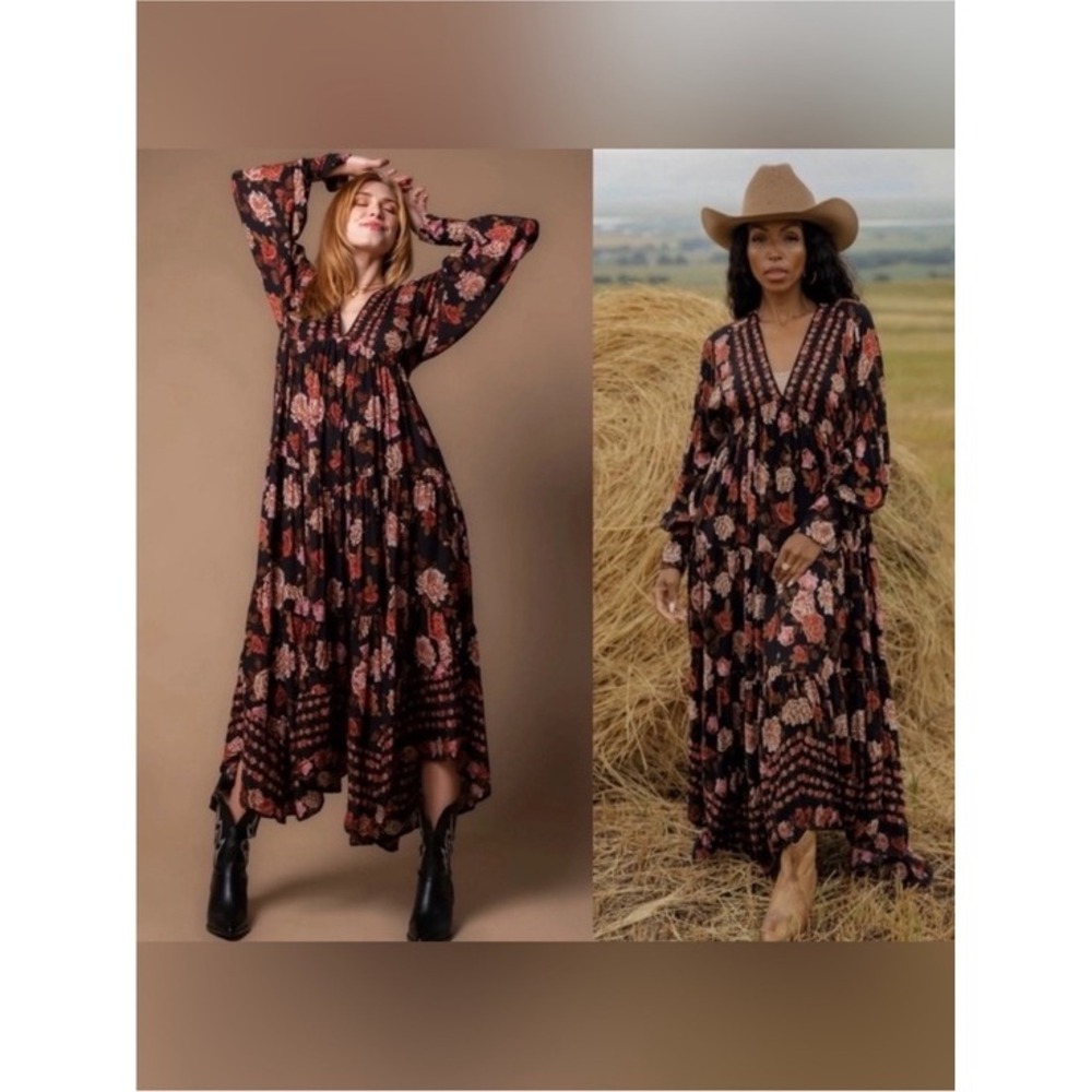 Free People Row of Roses Maxi Dress Black Floral Embroidered Boho V-Neck Small